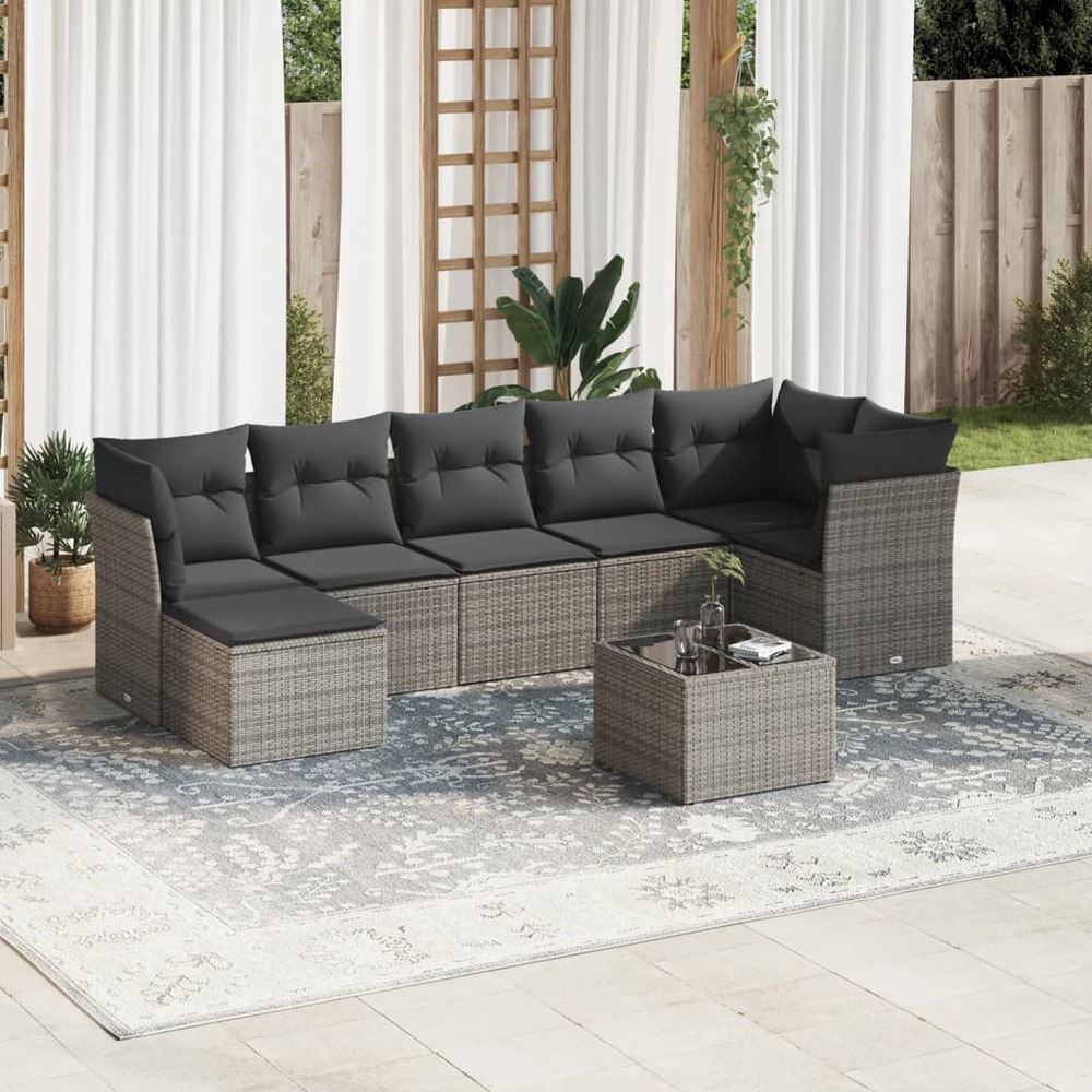 Salon de jardin 8 pcs avec coussins gris résine tressée