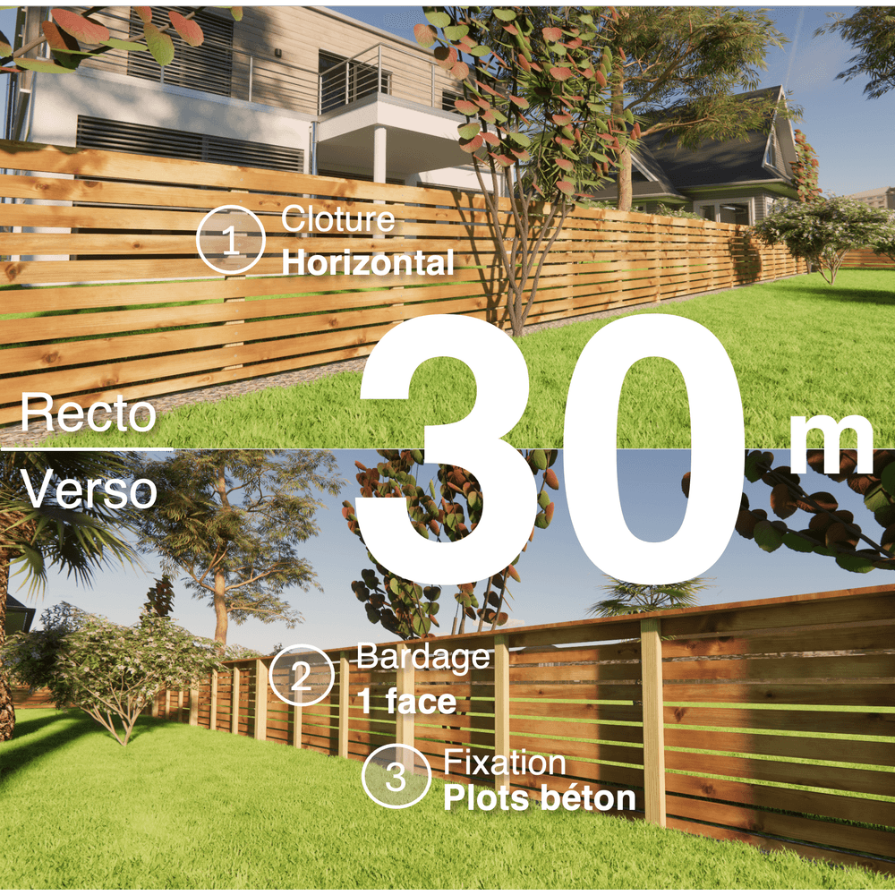Kit clôture bois moderne 30m – h 0,9m – 20 x 70 mm autoclave marron – pose horizontal – simple face – à sceller