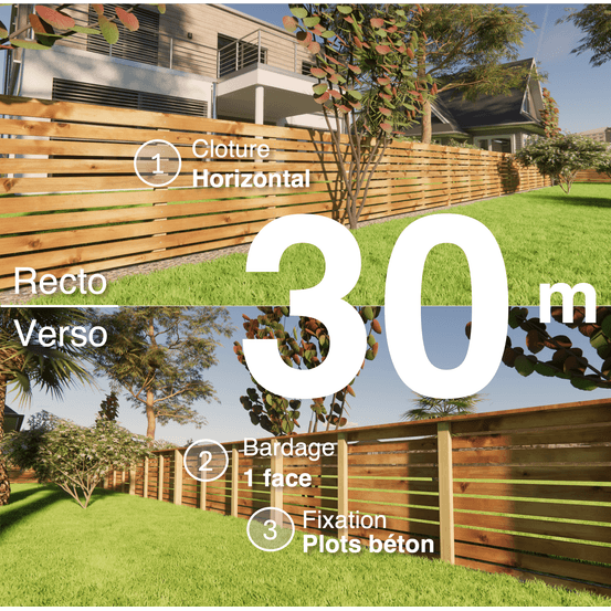 Kit clôture bois moderne 30m – h 0,9m – 20 x 70 mm autoclave marron – pose horizontal – simple face – à sceller