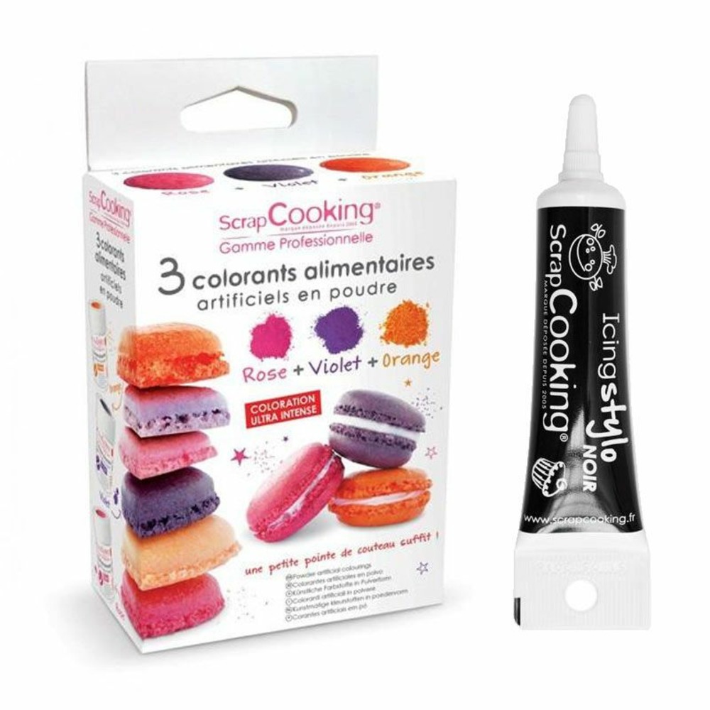 3 colorants alimentaires orange, violet, rose + stylo de glaçage noir