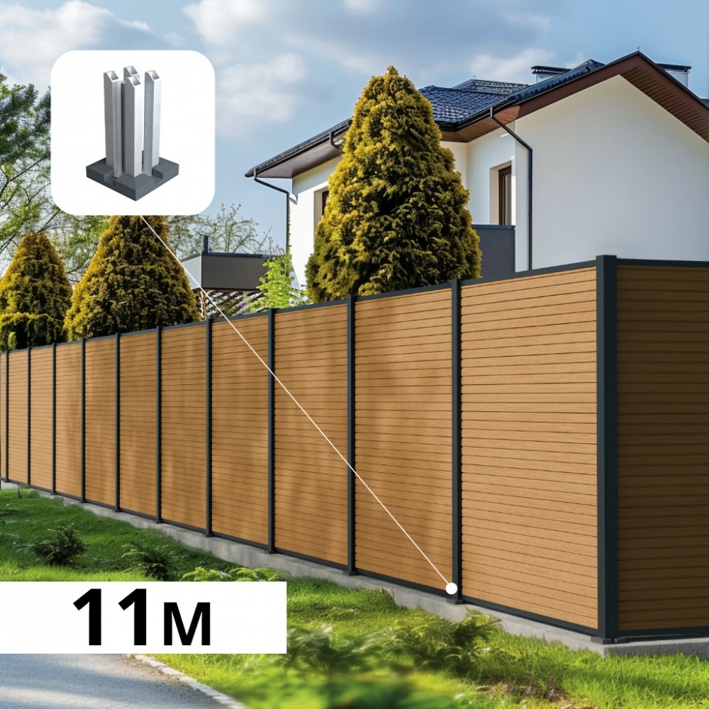 Kit clôture composite poteau sur platines - santos cèdre h-1,8m