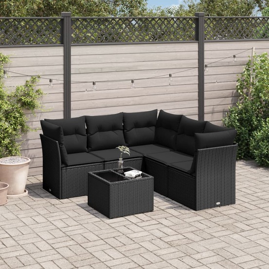 Salon de jardin 6 pcs avec coussins noir résine tressée