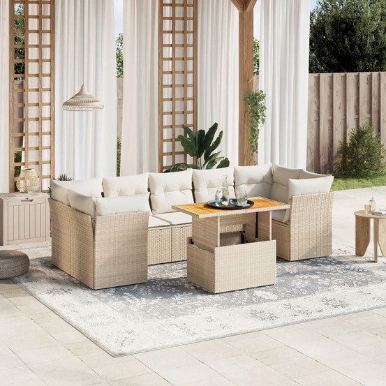 Salon de jardin avec coussins 8 pcs beige résine tressée