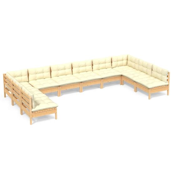 Salon de jardin 10 pcs avec coussins crème bois de pin massif