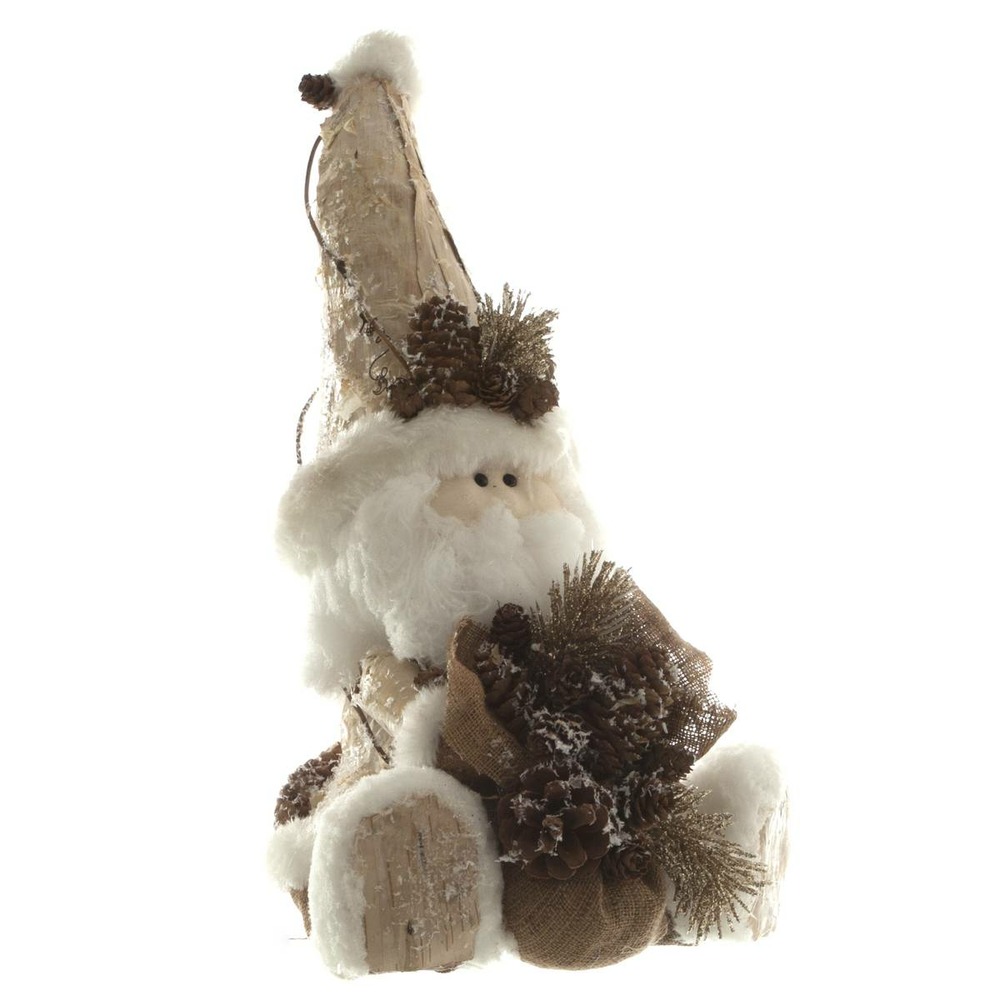 Décoration père noël assis en peluche et écorce