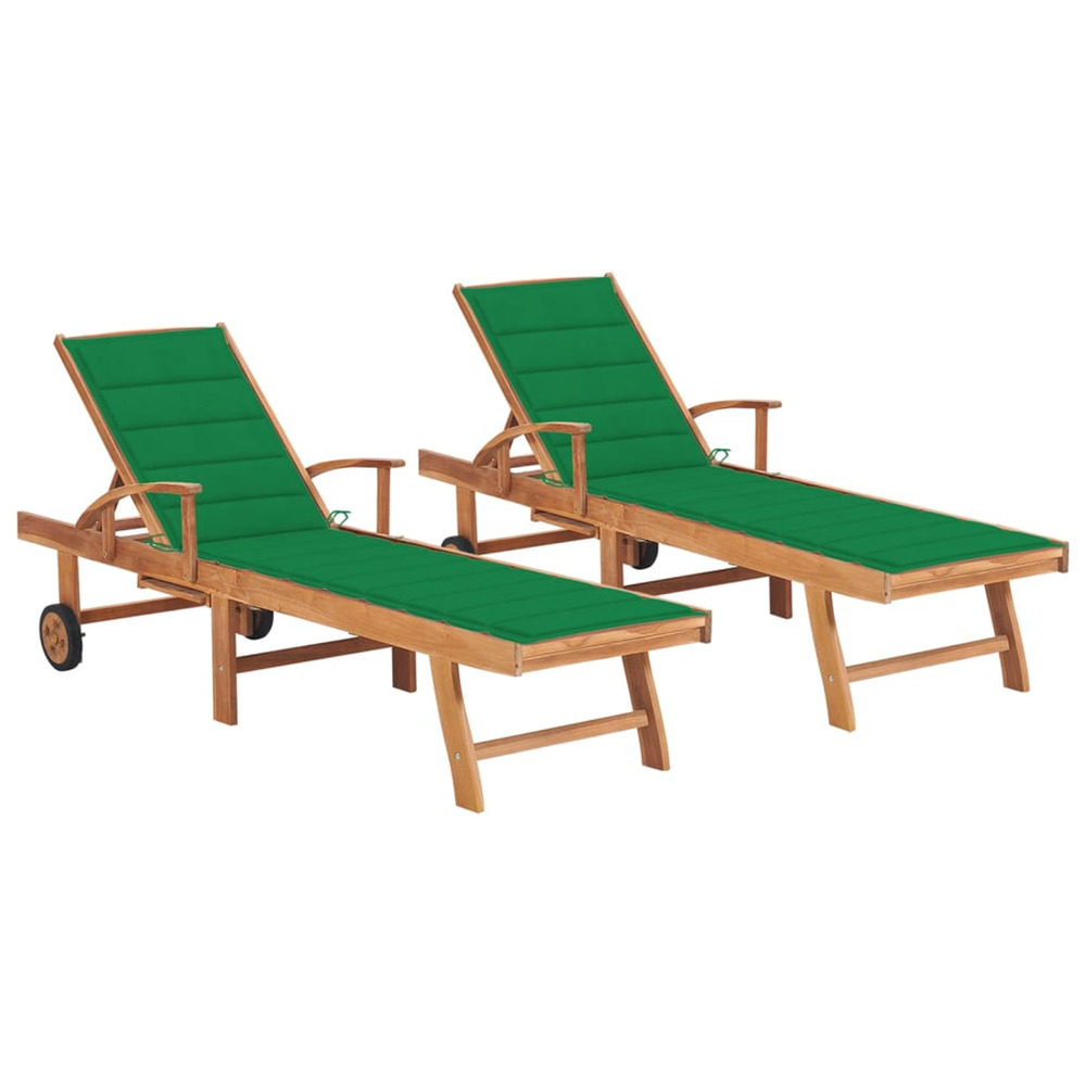 Chaises longues lot de 2 avec coussin vert bois de teck solide