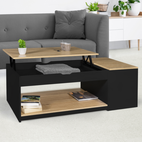 Table basse plateau relevable rectangulaire elea avec coffre bois noir et façon hêtre