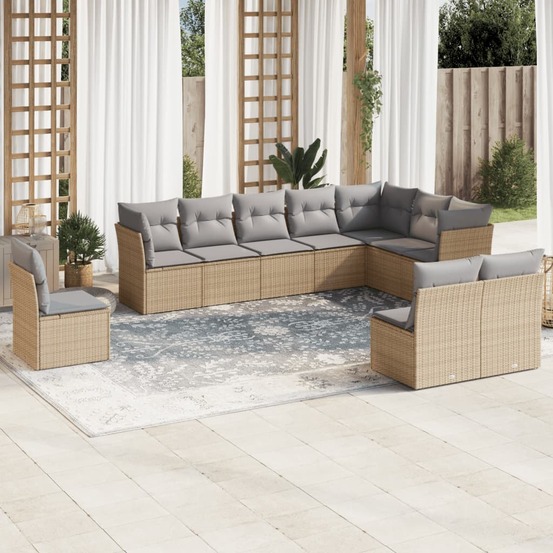 Salon de jardin avec coussins 10 pcs beige résine tressée