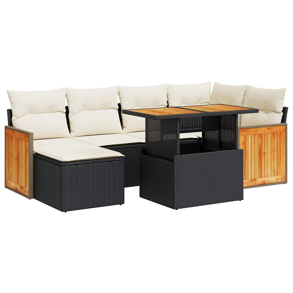 Salon de jardin avec coussins 7 pcs noir résine tressée acacia