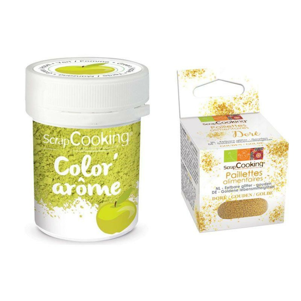 Colorant alimentaire vert arôme pomme + paillettes dorées