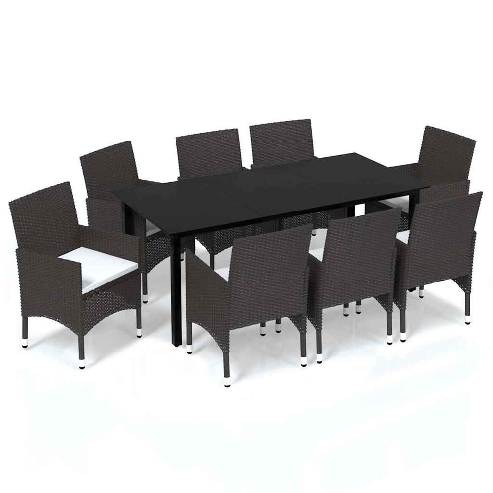Ensemble à manger de jardin et coussins 9 pcs poly rotin marron