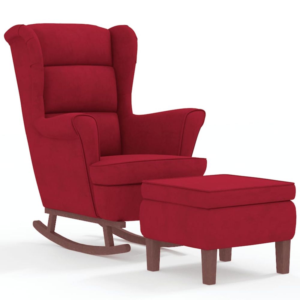 Fauteuil à bascule à oreilles en velours rouge vin bois massif