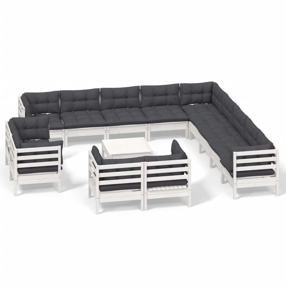 Salon de jardin 14 pcs avec coussins blanc bois de pin solide