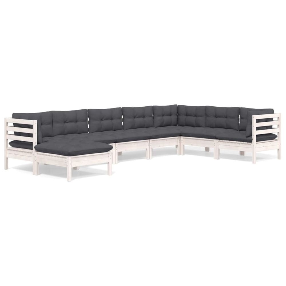 Salon de jardin 8 pcs avec coussins blanc bois de pin massif