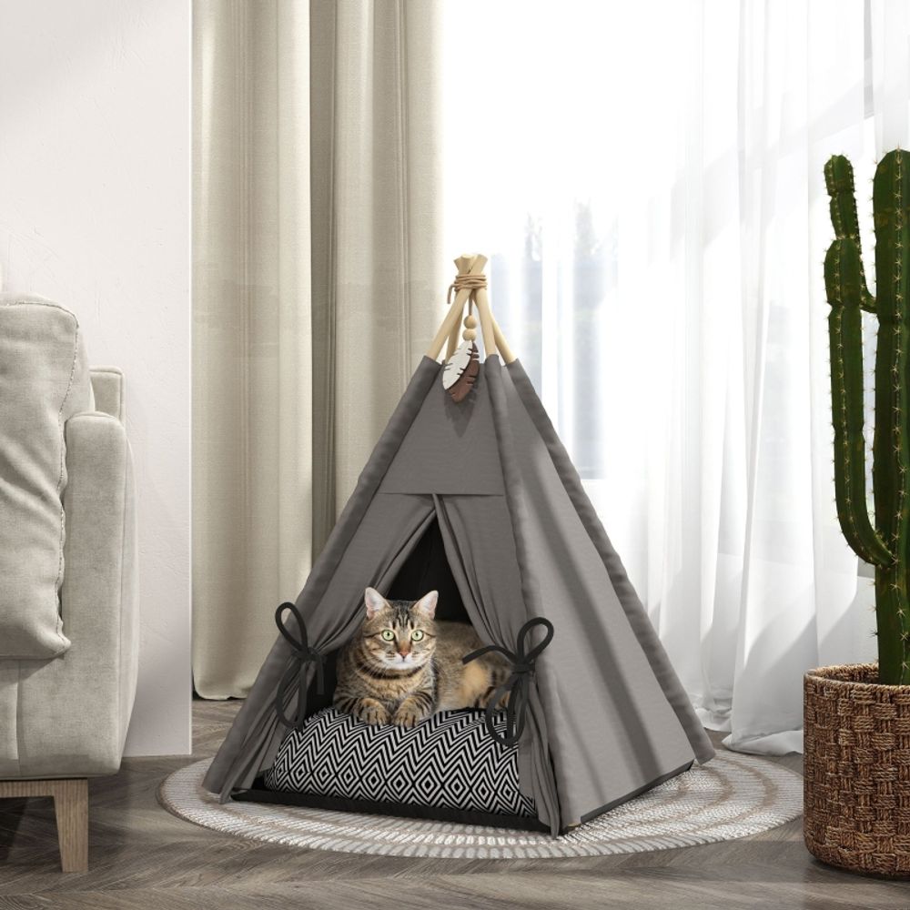 Lit tipi chat petit chien bois pin coussin lavable antidérapant 60cm gris - comfortxl pet living
