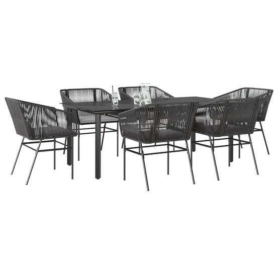 Ensemble à manger de jardin coussins 7pcs noir poly rotin verre
