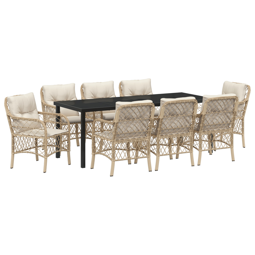 Ensemble de salle à manger de jardin 9 pièces avec coussins beige poly rattan