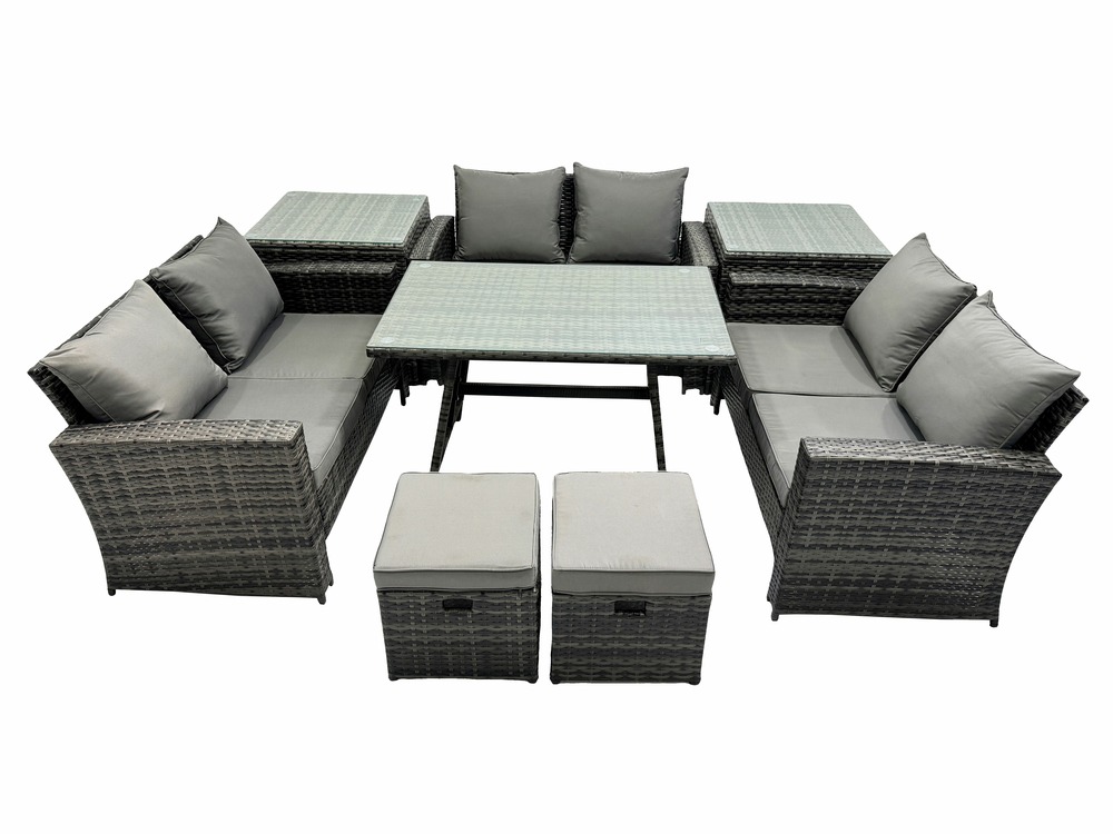 Salon de jardin avec table à manger rectangulaire canapé 2 places 2 petits tabourets 2 tables d'appoint gris foncé mixte