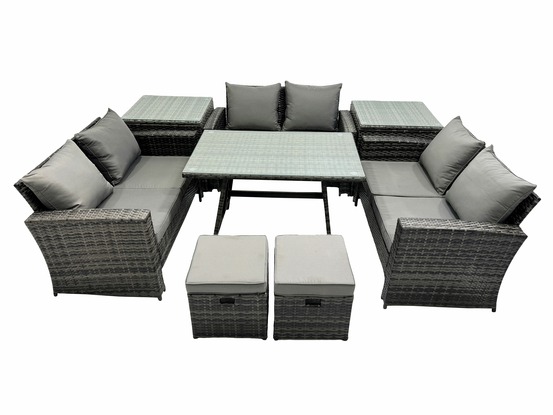 Salon de jardin avec table à manger rectangulaire canapé 2 places 2 petits tabourets 2 tables d'appoint gris foncé mixte