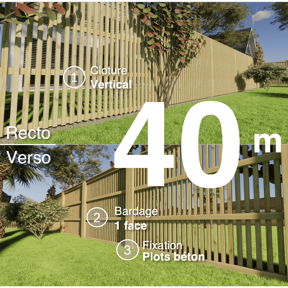 Kit clôture bois moderne 40m – h 1,9m – 45 x 45 mm autoclave – pose vertical – simple face – à sceller