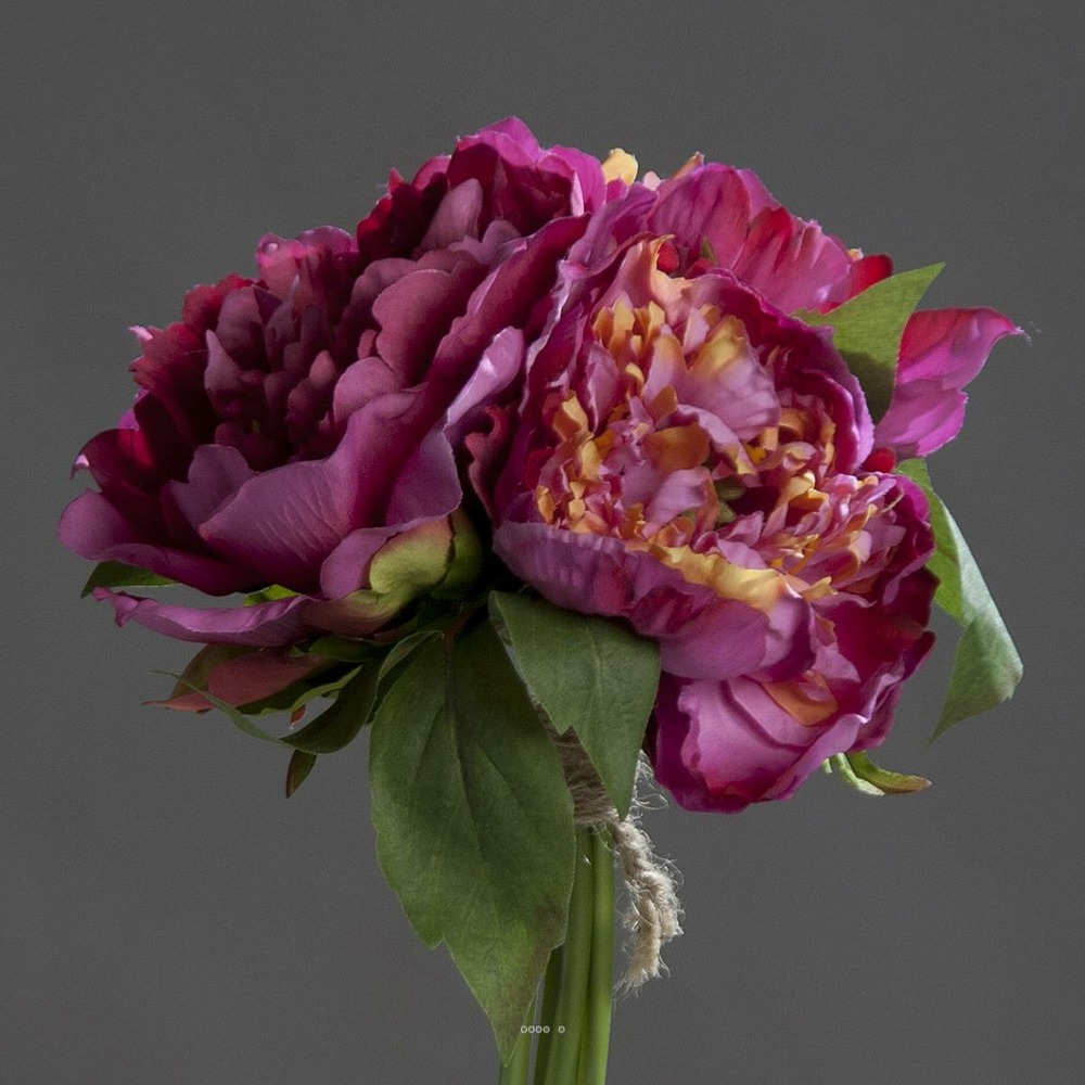 Bouquet de 3 pivoines fuchsia épanouies factices corde & feuille h26cm - couleur