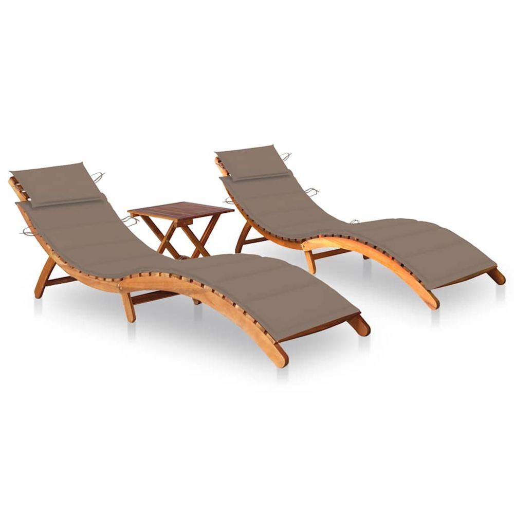 Chaises longues lot de 2 avec table et coussins acacia solide
