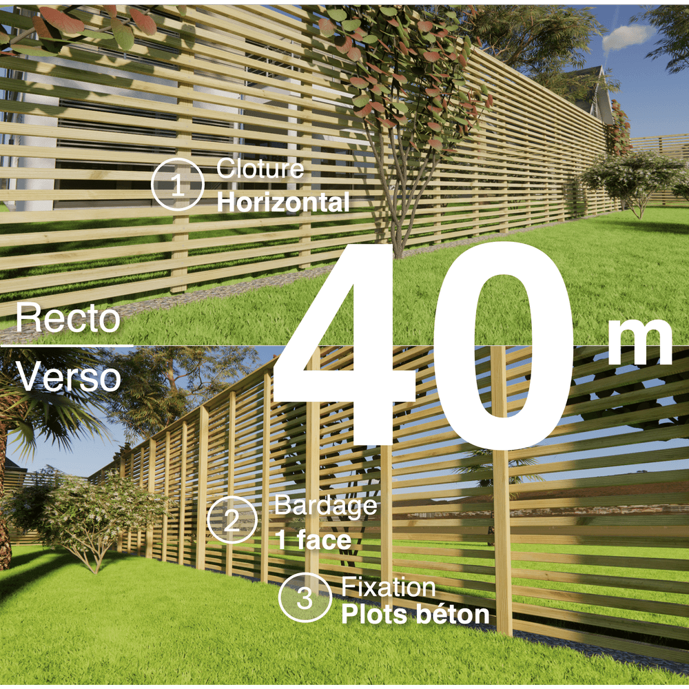 Kit clôture bois moderne 40m – h 2,3m – 45 x 45 mm autoclave – pose horizontal – simple face – à sceller