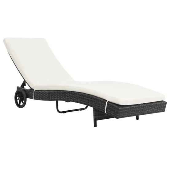 Chaise longue avec roues et coussin résine tressée noir