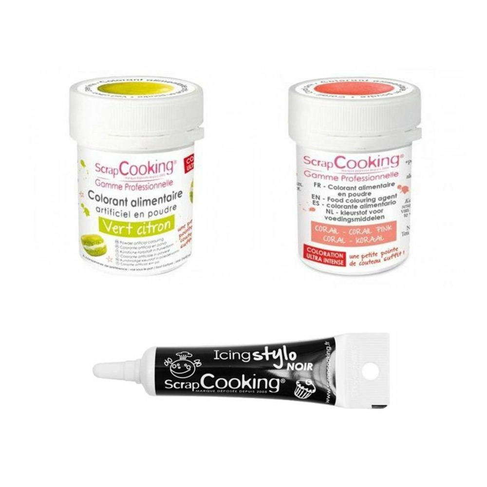 2 colorants alimentaires vert citron-corail + stylo glaçage noir