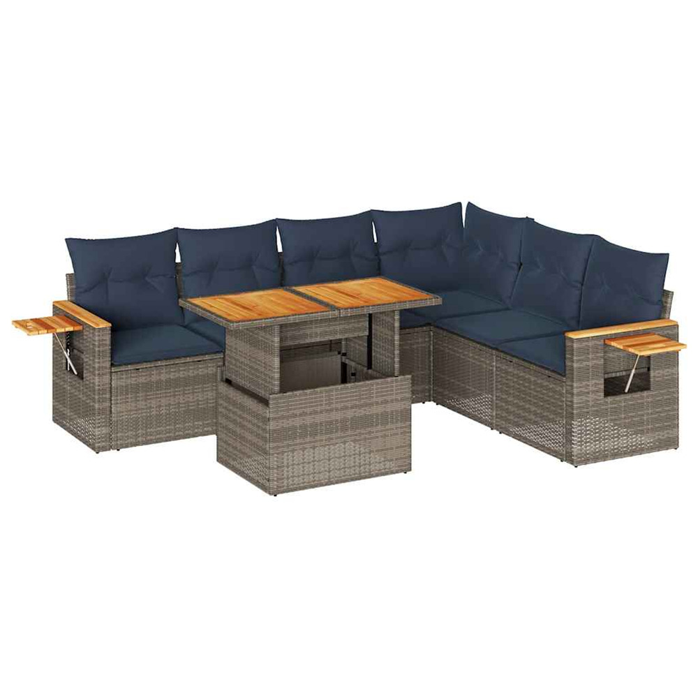 Salon de jardin avec coussins 7 pcs gris résine tressée acacia