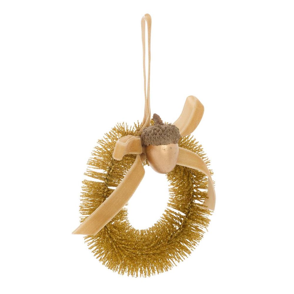 Suspension de sapin couronne de glands en plastique rouge et or d. 10 cm