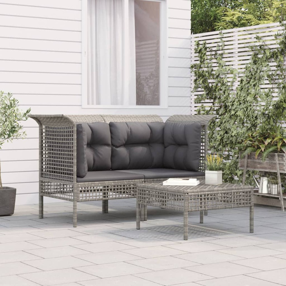 Salon de jardin 3 pcs avec coussins gris résine tressée