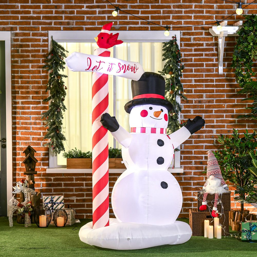 Bonhomme de neige gonflable noël 213 cm, 3 leds, pancarte, polyester imperméable blanc