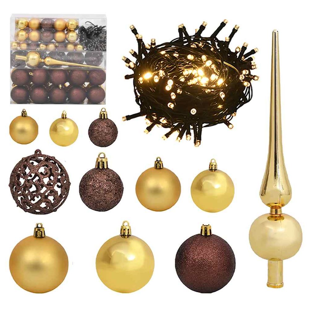 Set de boules de noël avec pic et 300 led 120pcs doré et bronze
