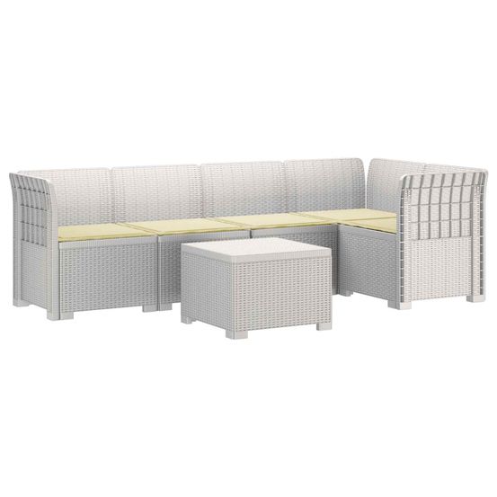 Canapé de jardin 5 places avec coussins aspect rotin pp blanc