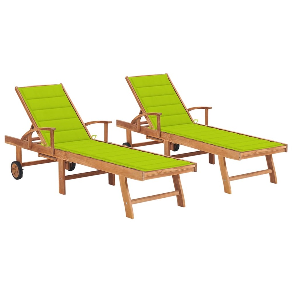 Lot de 2 transats chaise longue bain de soleil lit de jardin terrasse meuble d'extérieur avec coussin vert vif bois de teck s