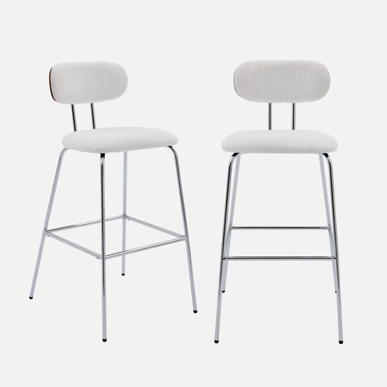 2 tabourets de bar décor bois courbé teinté noyer et tissu déperlant, pieds métal chromé - l 44 x p 51 x h 103cm - erin