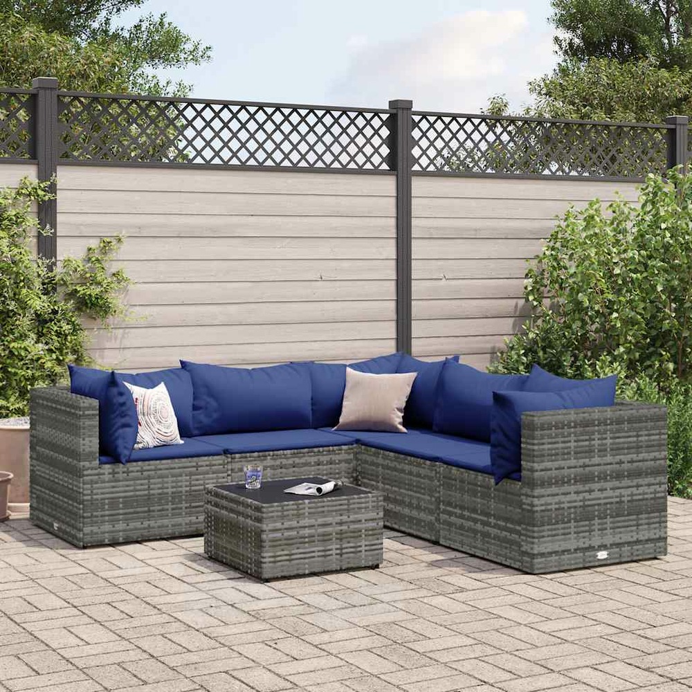 Salon de jardin 6 pcs avec coussins gris résine tressée