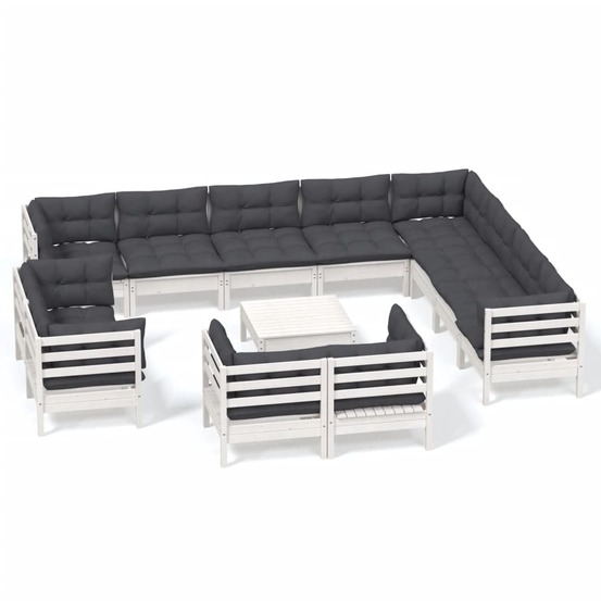 Salon de jardin 13 pcs avec coussins blanc bois de pin solide