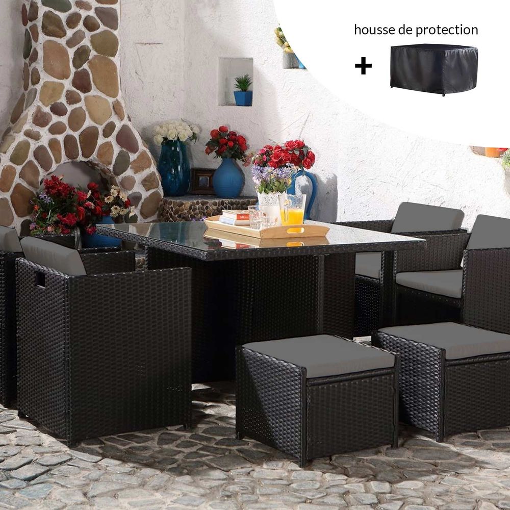 Salon de jardin 8 places noir-gris + housse de protection miami