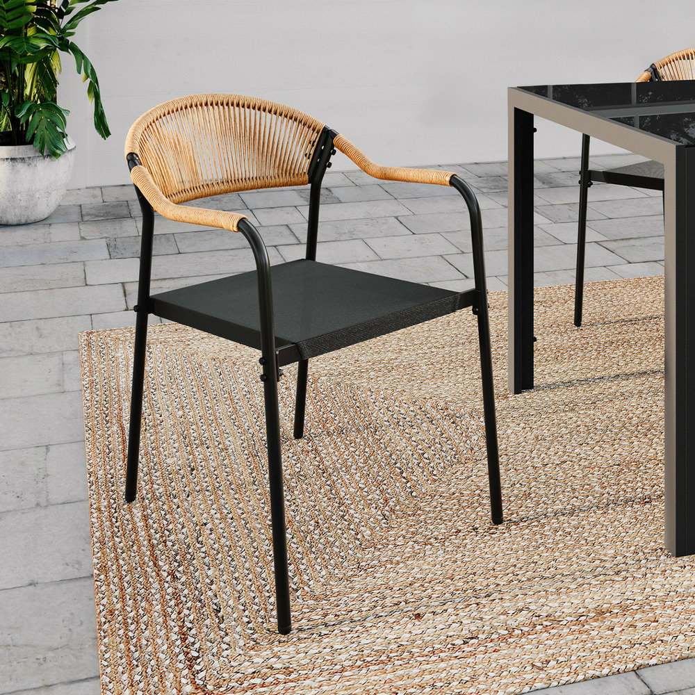 Lot de 4 chaises de jardin madeira métal, cordage et textilène noir et rotin clair