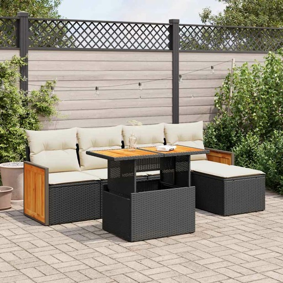 Salon de jardin 6 pcs avec coussins noir résine tressée acacia