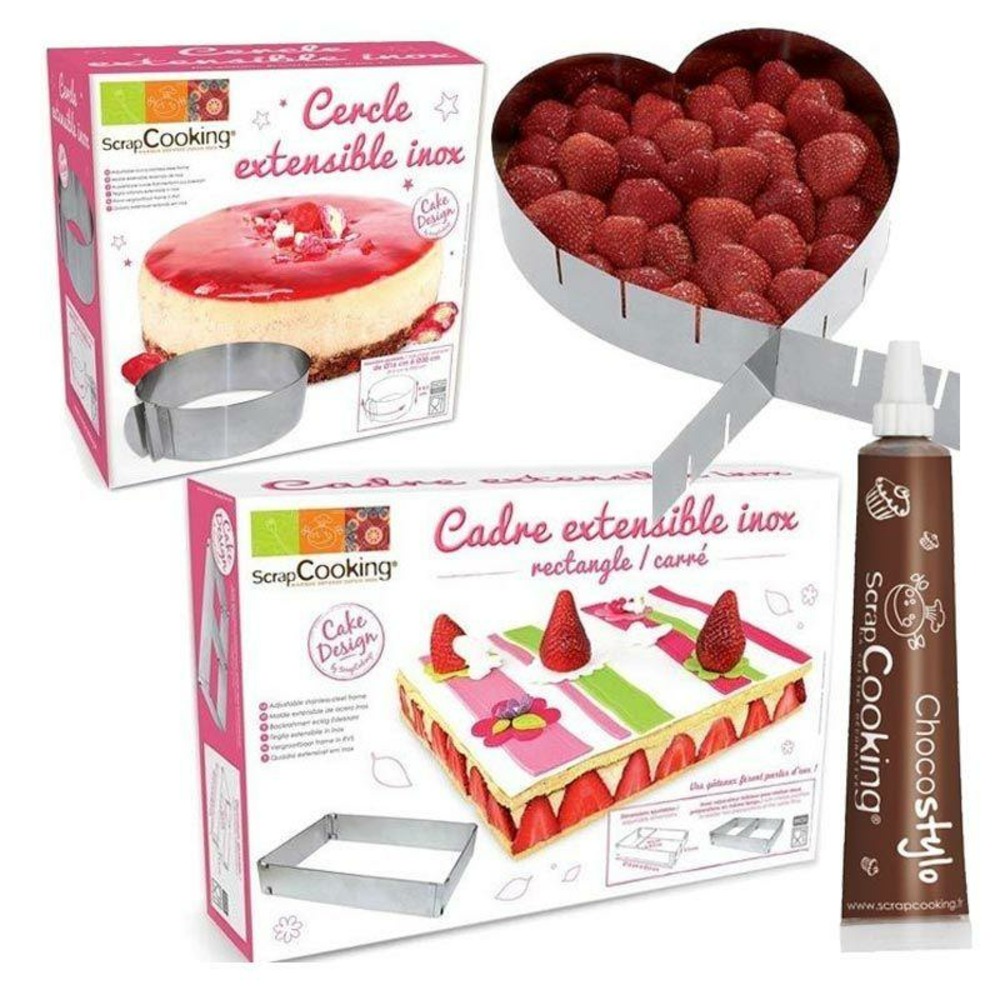 3 cadres pâtisserie extensibles coeur, cercle & rectangle + 1 stylo chocolat