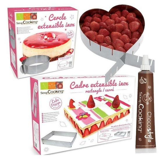 3 cadres pâtisserie extensibles coeur, cercle & rectangle + 1 stylo chocolat