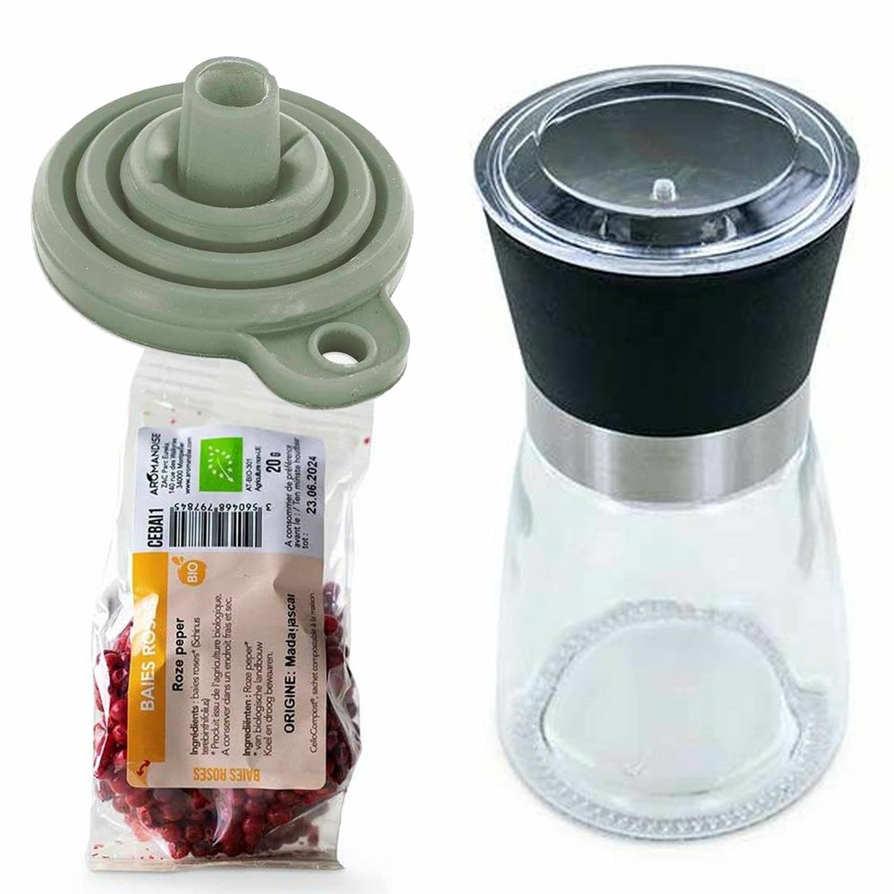Moulin à épices, entonnoir et baies rose de madagascar