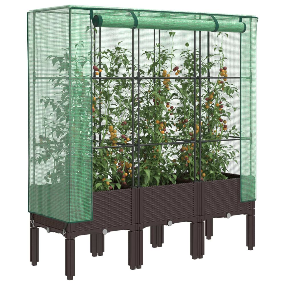 Grand carré potager sur pieds 120cm avec serre de jardin aspect rotin brun