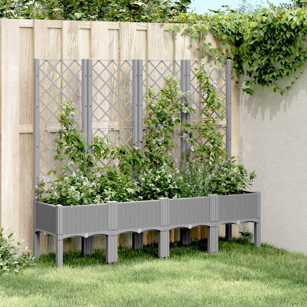 Grande jardinière avec treillis pp aspect rotin pour terrasse gris clair 160cm