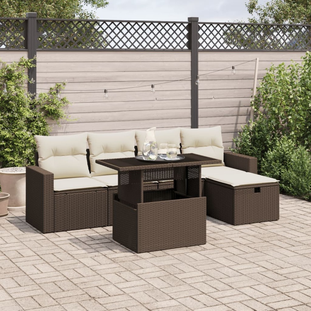 Salon de jardin avec coussins 6 pcs marron résine tressée