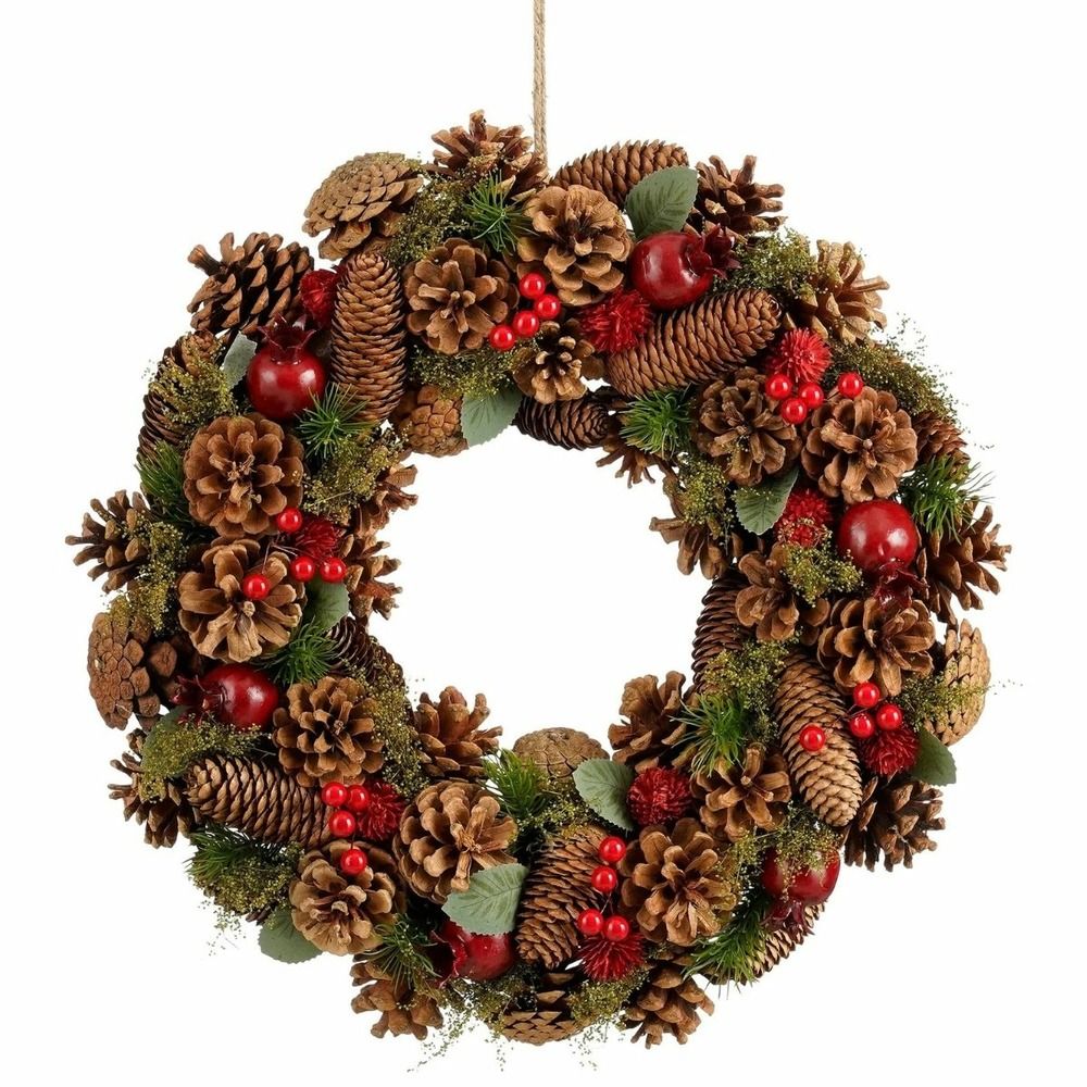 Mica decorations couronne de noël landon h9 x ø45 cm - avec pommes de pin - couronne de porte, murale et table - décoration