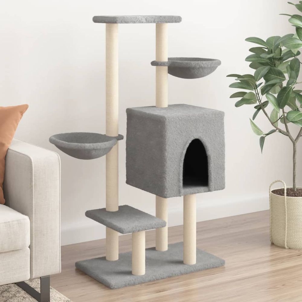 Arbre à chat 117 cm sisal et peluche avec niche et 2 paniers gris clair